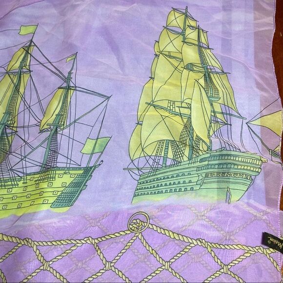 Fantastic Vintage Tall Ships scarf with ropes nets and clouds lavender and gold - Picture 3 of 8